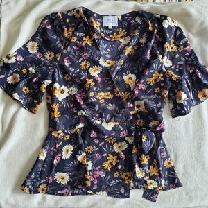 JOA Short Ruffle Sleeve Floral Wrap Blouse